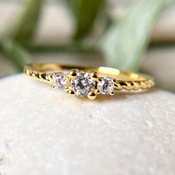 Dainty 14k Gold Plated Ring 925 Sterling Silver CZ Minimalist Statement Ring - Picture 3 of 5